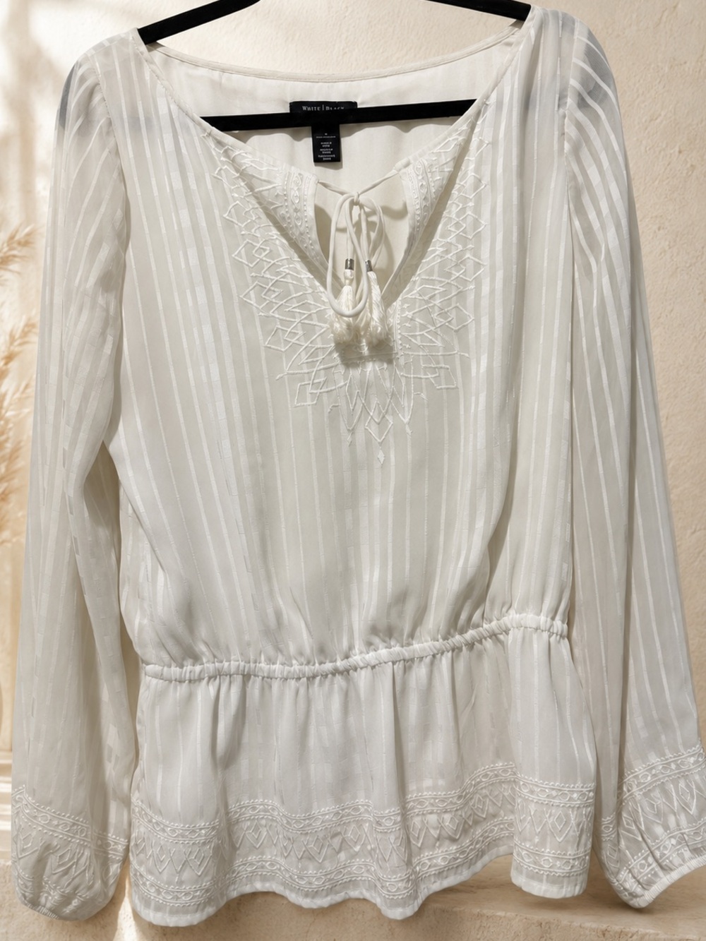 White House Black Market White Embroidered Tassel Peasant Blouse